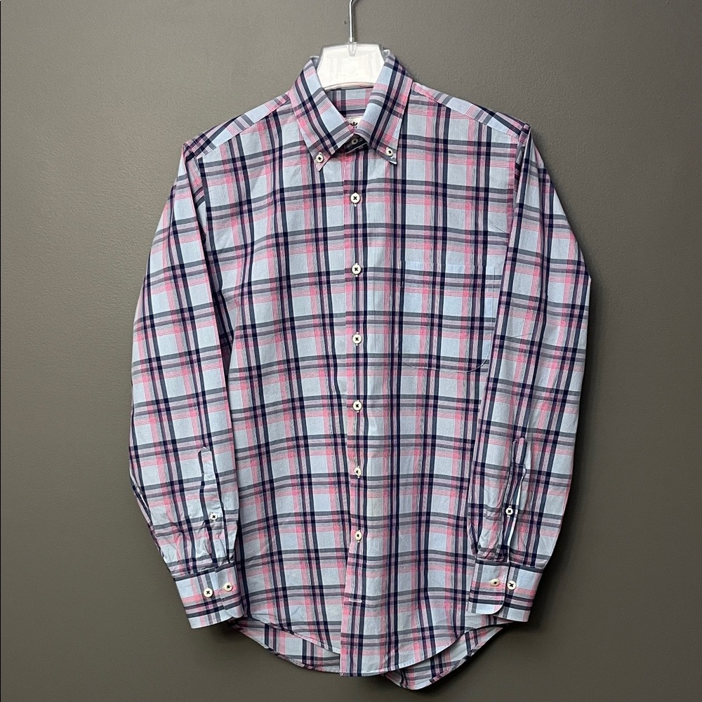 Peter Millar Blue and Pink Plaid Long Sleeve Button Down Shirt - Size Small